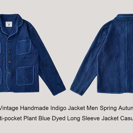 Vintage Handmade Indigo Jacket Men Spring Autumn New Lapel Multi-pocket Plant Blue Dyed Long Sleeve Jacket Casual Cardigan Coat