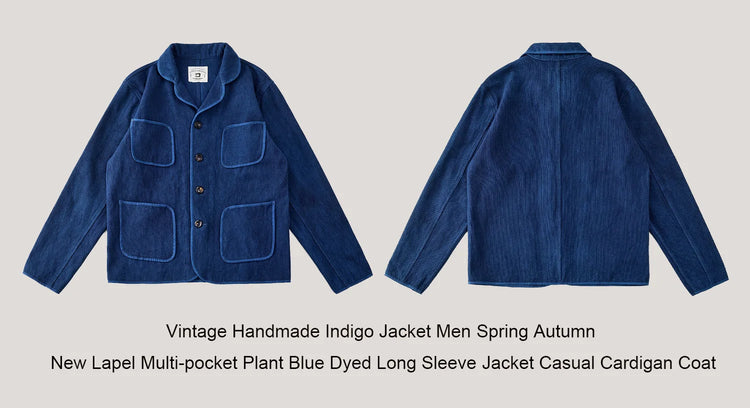 Vintage Handmade Indigo Jacket Men Spring Autumn New Lapel Multi-pocket Plant Blue Dyed Long Sleeve Jacket Casual Cardigan Coat