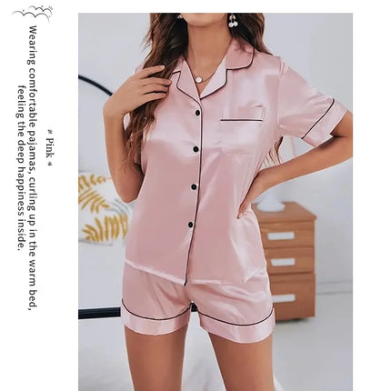 Pigiama da donna in raso di seta estivo Set Top e pantaloncini abbottonati 2 pezzi indumenti da notte colletto dentellato indumenti da notte Loungewear per le donne