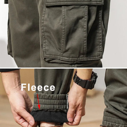 2024 New Winter Cargo Pants Men Multi-Pockets Drawstring Fleece Liner Thick Warm Overalls Joggers Casual Cotton Thermal Trousers