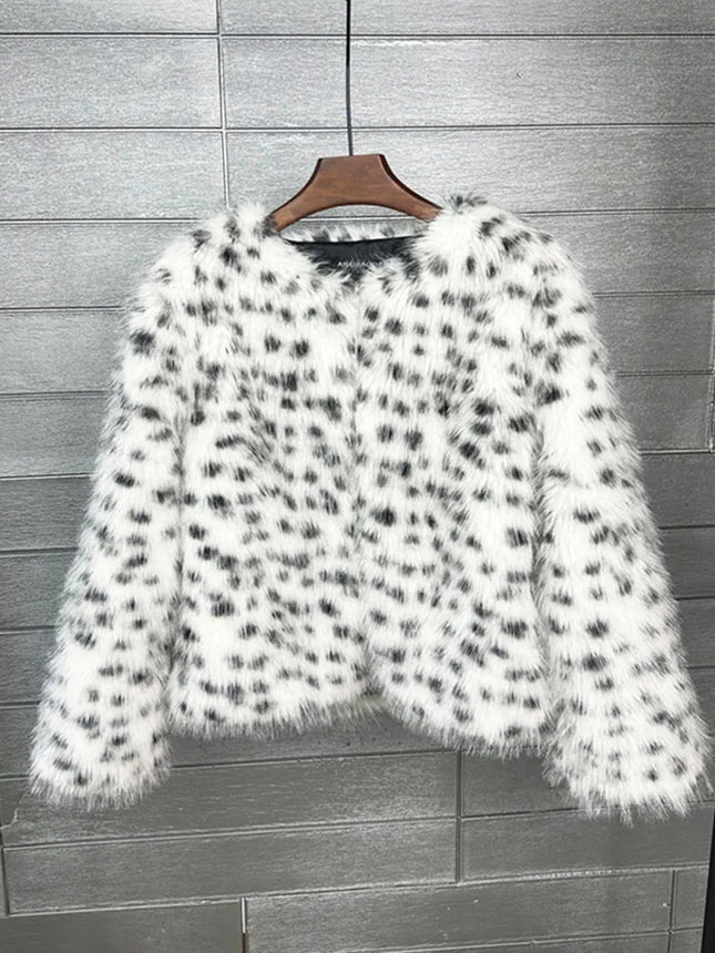 ZADORIN Preppy Style White Leopard Black Dots Faux Fur Coat Women O-Neck Furry Short Faux Fur Jacket Winter Clothes Women 2025