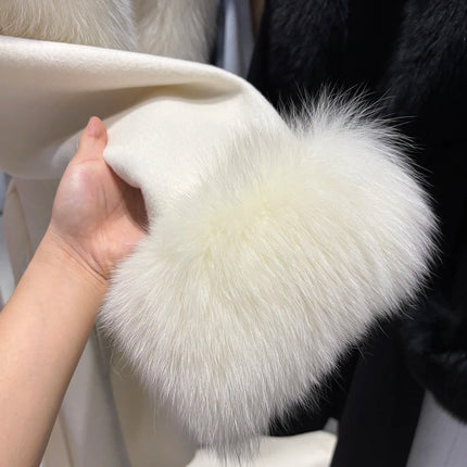 YOLOAgain Women's 100% Wool Coat Long With Detachable Real Fox Fur Collar 2025 Autumn Elegant Double-Sided Wool Coat