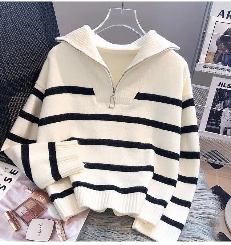 Sweater Hoodie Women's 2026 New Zipper Striped Bottom Pad Short Fashion High end Women's Sweater