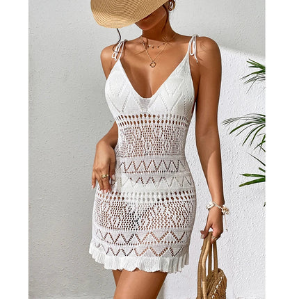 Abito da donna in tinta unita senza maniche con scollo all'americana, per le vacanze estive, bikini lavorato a maglia, copricostume, abiti da spiaggia alla moda senza schienale platinumshop