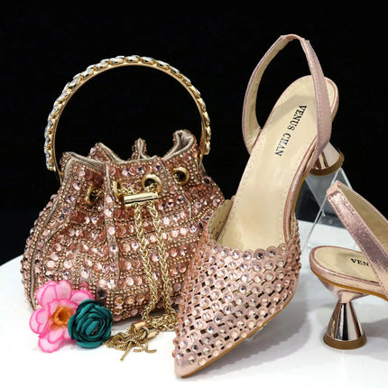 Venus Chan Pointed Toe Heels for Women 2023 Elegant Party Wine Color Full Diamond Pumps Italian Shoes and Bags Matching Set PlatiNum