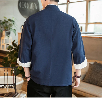 Nuova Camicia Uomo Kimono Giapponese in Cotone e Lino, T-shirt Comoda e Traspirante, Costume da Samurai Tradizionale, Camicia Casual Haori per Uomo