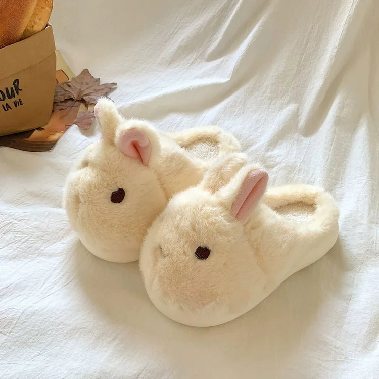 New Cute 3D Rabbit Furry Slippers Women Winter Warm Plush Closed Back House Shoes Non Slip Bunny Indoor Flip Flops Home Slipper