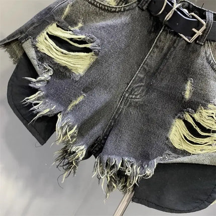 New style ripped denim shorts with frayed washed pockets and wide legs