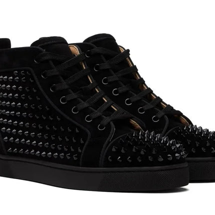 Black Studded Leather Rivets High-Top Sneakers Classic Designer Style Round Toe Men's Sports Shoes Comfort Lace-Up Casual Shoes