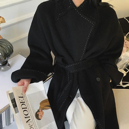 New Solid Korean Style Women Wool Coat Arch Needle Large Neck Versatile Fashion Texture Double Sided Trench Coats Female Winter