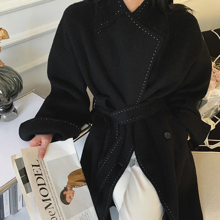 New Solid Korean Style Women Wool Coat Arch Needle Large Neck Versatile Fashion Texture Double Sided Trench Coats Female Winter