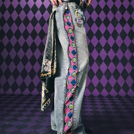 Jeans JoJo Anime con Pannelli Staccabili, Vita Alta, Gamba Larga, Stampa Denim, Viola e Oro, Patchwork, Taglio Dritto, per Uomo e Donna