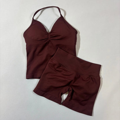 Yoga 2pcs Impact Gym Set Women Backless Tank Tops High Waist Scrunch Seamless Shorts Fitness Clothes Activewear Workout Sets