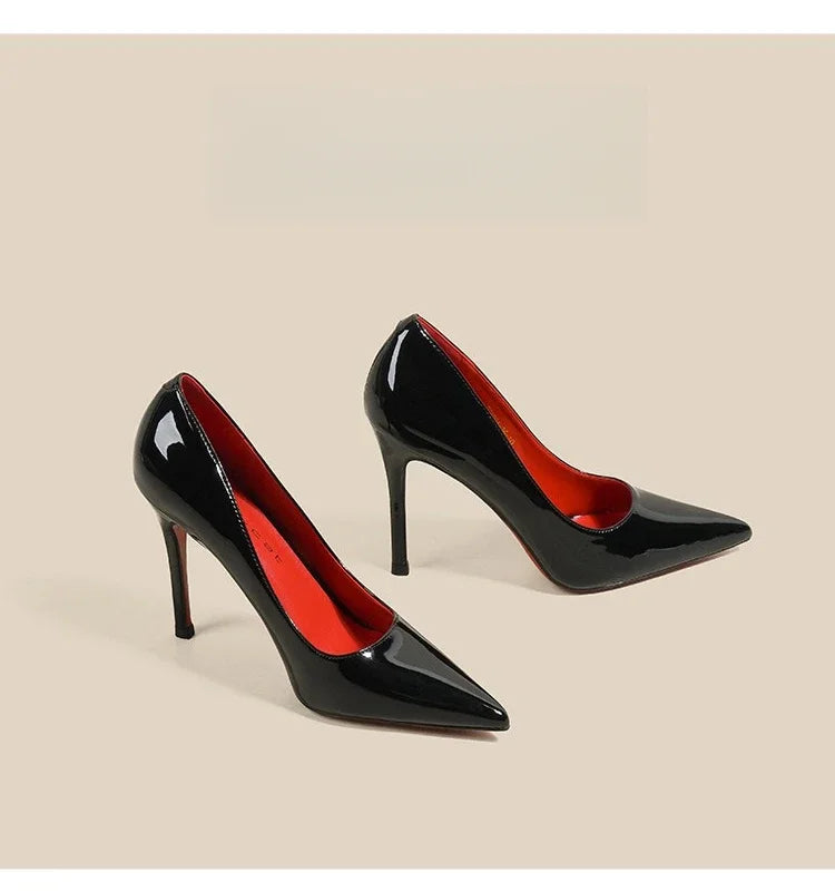 7cm Black Red Sole High Heels Spring Pointed Toe Stiletto Heel Sexy Shiny Single Shoes Fashion Patent Leather Women's Shoes PlatiNum
