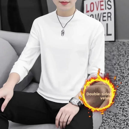 Thickened Double-sided Velvet Long Sleeve T-shirt Men's Underwear Solid Color Fleece-lined Heavyweight Crew Neck Base Shirt PlatiNum