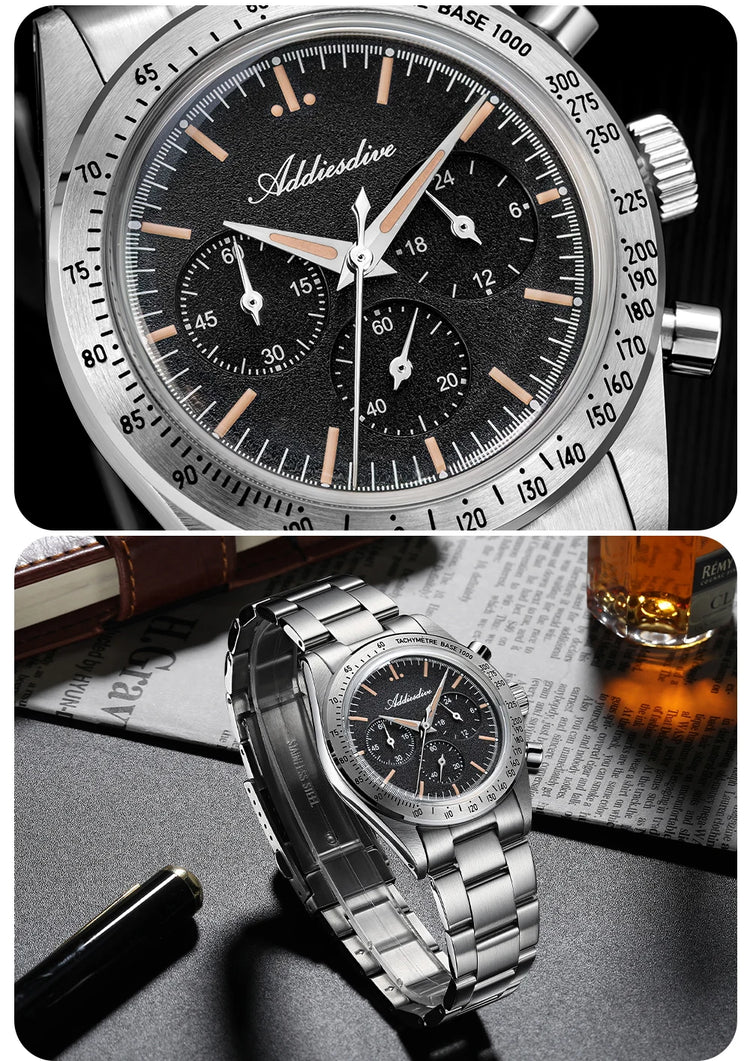 ADDIESDIVE Chronograph Watch For Men 10Bar Waterproof 316L Stainless Steel 0S20 C3 Vintage Luminous Luxury  Quartz Watch AD2552