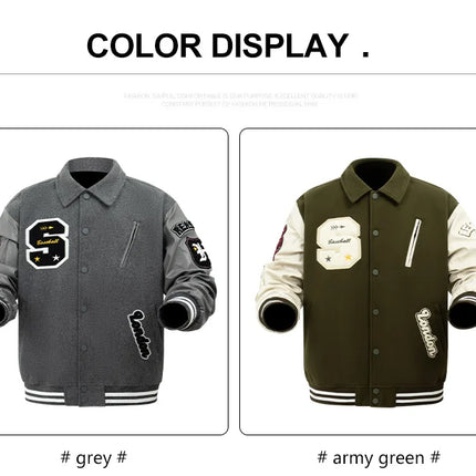 Men's Letterman Jacket Vintage Varsity Coat Patchwork Baseball Streetwear Outerwear with Faux Leather Sleeves & Fine Embroidery