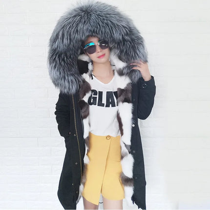Winter Long Jacket Real Fur Coat Women Clothes Large Silver Fox Fur Collar Detachable Natural Fox Lining Parkas Leather Fur