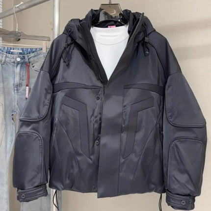 Winter Spliced Black Men Hooded Down Coat American Style Motorcycle Puffer Jacket Loose Fit Zip Waterproof Jackets Casual Coats