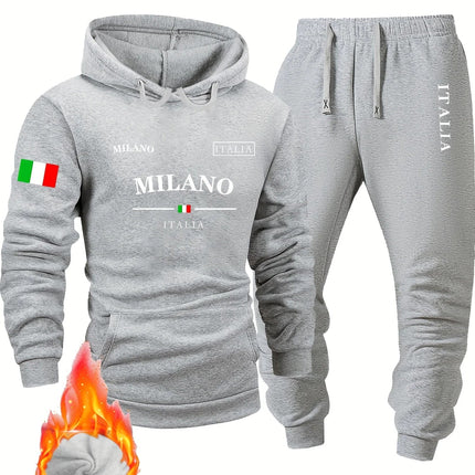 Italy pattern Men's Hoodie and Bundled pants set fleece Autumn winter two-piece set top bottom sets windproof Warm Cotton suit PlatiNum