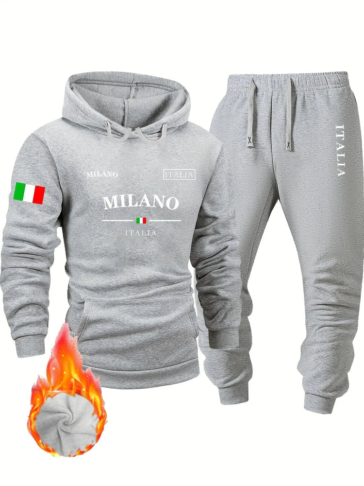 Italy pattern Men's Hoodie and Bundled pants set fleece Autumn winter two-piece set top bottom sets windproof Warm Cotton suit PlatiNum