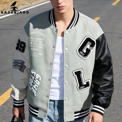 Men's Casual Varsity Jacket Racing Letterman Baseball Coat Vintage Embroidery Outerwear Streetswear with Faux Leather Sleeves