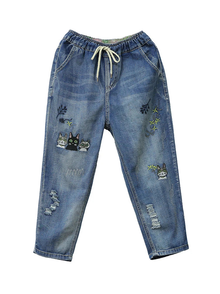 Amax luluE 2025 Moda Estate Streetwear Pantaloni in denim Donna Vintage Jeans elastici Donna Casual Allentato Ricamo Pantaloni Harem