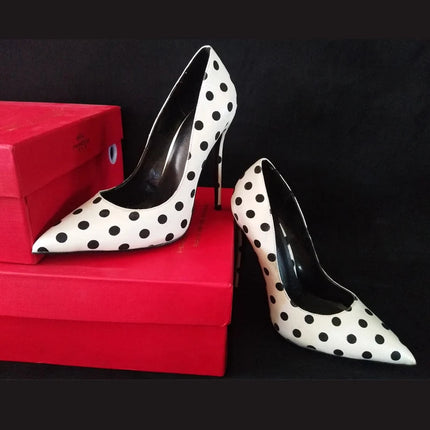 New round polka dot silk high heels with pointed toe, shallow mouth, thin heel 12cm Sexy French Girl Single Shoes PlatiNum