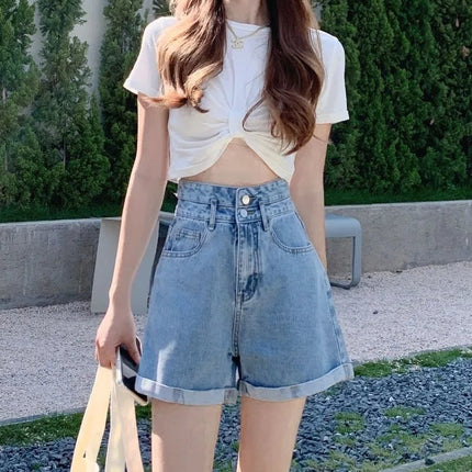 Women's summer thin denim shorts with loose fit high waist slimming effect wide legs and rolled edge hot pants for outerwear PlatiNum
