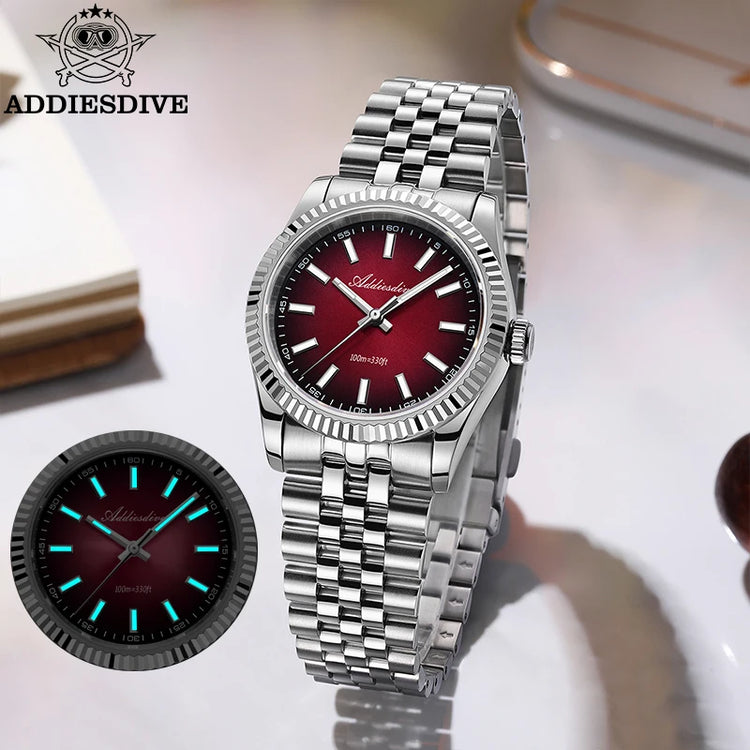 ADDIESDIVE Men Watch 36mm New Quartz Wristwatch AD2073 Sapphire Sunburst Dive 100m Waterproof BGW9 Luminous Dress Watch for Men