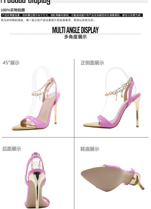 New Summer Sandals Women Fashion Gold Chain Ankle Strap Sexy Peep Toe Ladies Metal High Heels Sandals Woman Party Shoes Pumps PlatiNum