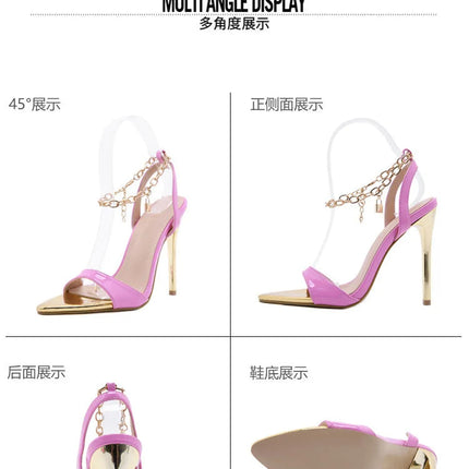 New Summer Sandals Women Fashion Gold Chain Ankle Strap Sexy Peep Toe Ladies Metal High Heels Sandals Woman Party Shoes Pumps PlatiNum