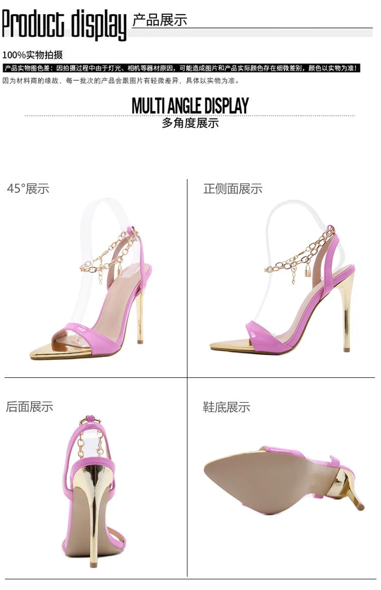 New Summer Sandals Women Fashion Gold Chain Ankle Strap Sexy Peep Toe Ladies Metal High Heels Sandals Woman Party Shoes Pumps PlatiNum