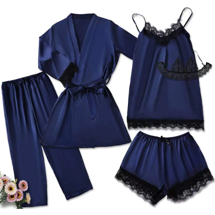 Pigiama da notte in raso da donna Set pigiama rosa Lingerie sexy Accappatoio Patchwork di pizzo Abito da notte in seta Pantaloni Indumenti da notte vestiti per la casa