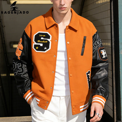 Men's Letterman Jacket Vintage Varsity Coat Patchwork Baseball Streetwear Outerwear with Faux Leather Sleeves & Fine Embroidery