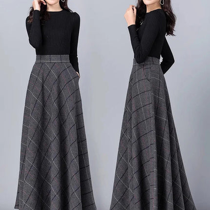New Women Thick Woolen Skirt Autumn Winter Fashion Elastic High Waist A-Line Long Plaid Skirt Elegant Easy Match Wool Skirt PlatiNum
