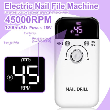 LIMEGIRL 45000RPM Electric Nail Drill Polisher Rechargeable Portable Electric Nail File Machine Kit for Home Acrylic Gel Nails Polishing