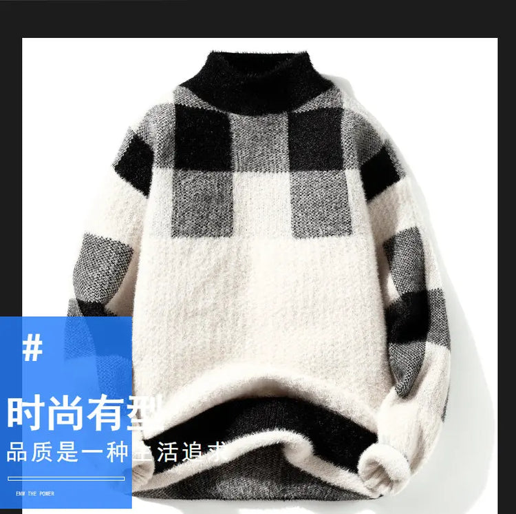 2023 Winter/Autumn Mink velvet High-Quality Fashion Trend Plaid Pattern Sweater Men Casual Loose Warm Sweaters Men Comfortable