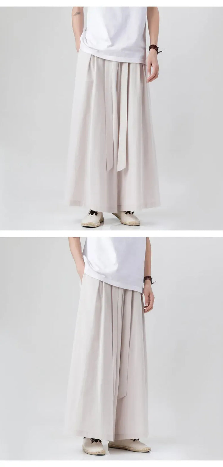 Pantaloni retrò in cotone e lino stile cinese Uomo Kimono estivo Pantaloni tradizionali in tinta unita Pantaloni casual a gamba larga streetwear maschile