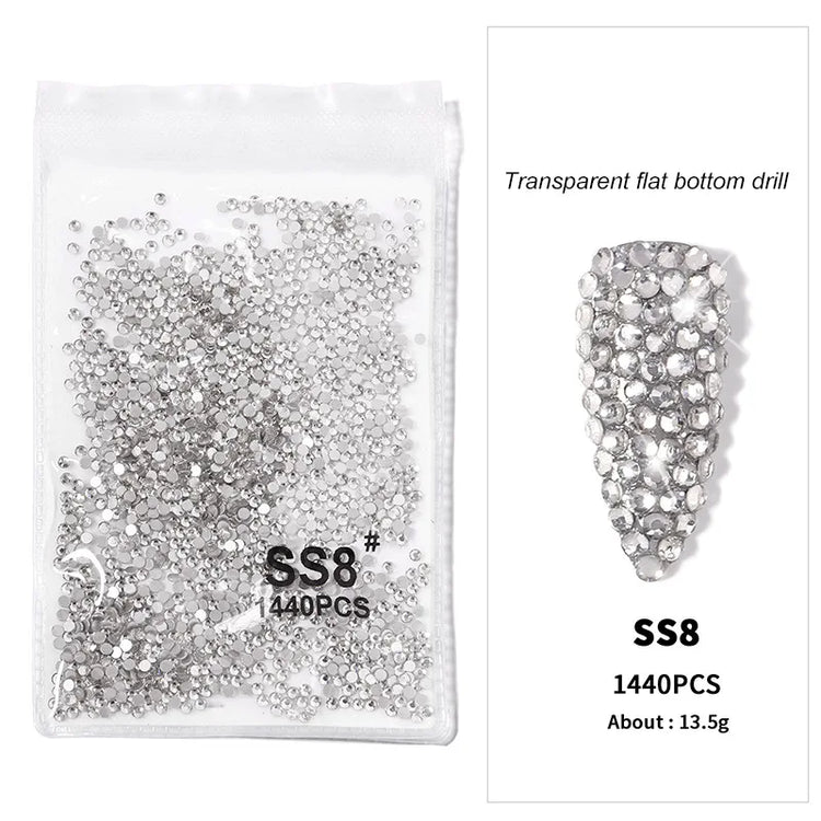 1440pcs Nail Clear/AB Glass Strass FlatBack Crystal Rhinestone (SS3-SS20)3D Nail Gem Stones Non-HotFix Nail Rhinestone 1.3-4.8mm
