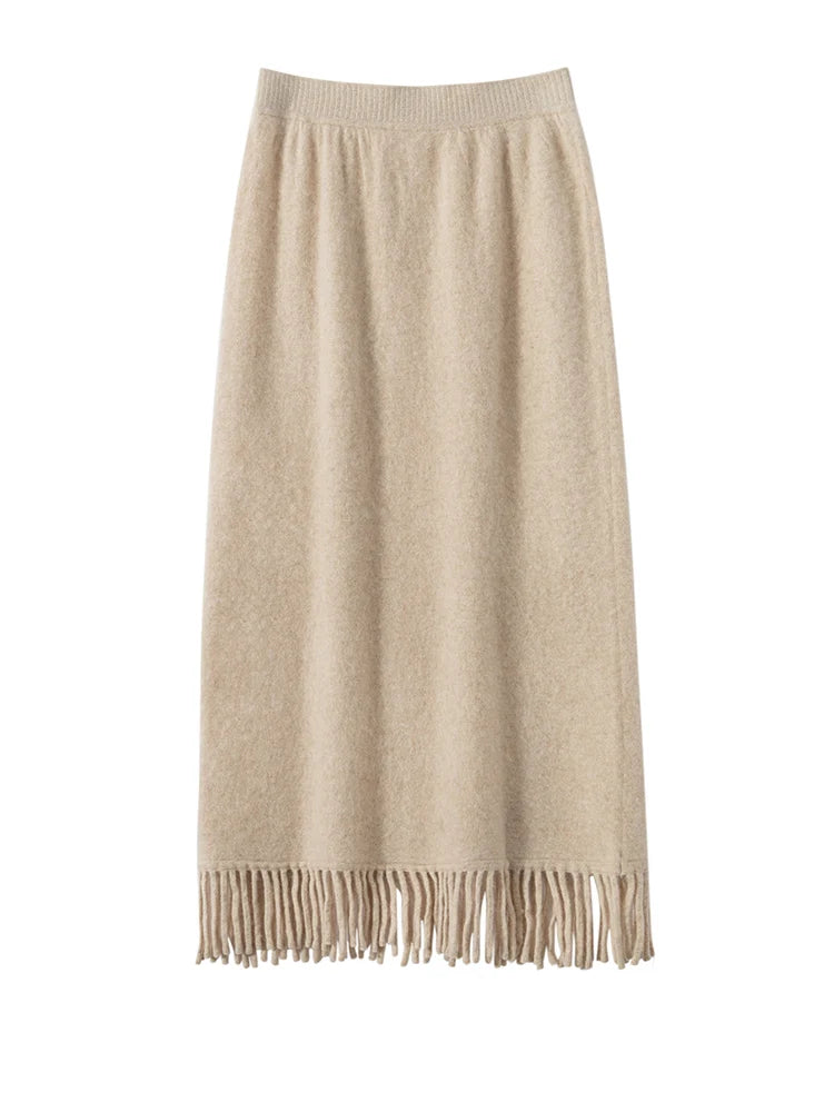 New Straight A-line Skirt Women's 100% Cashmere knitwear Spring Autumn Casual Loose Tassels Soft High Waist Mid Length Skirt PlatiNum