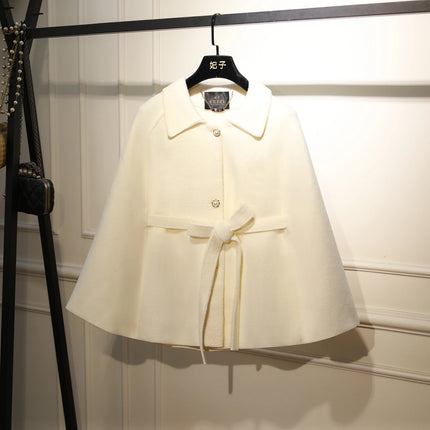 French Elegant temperament Wool Jacket Lapel Sleeveless Single-Breasted Lace-up Bow Casual Short Capes Women Autumn Cloak Coat
