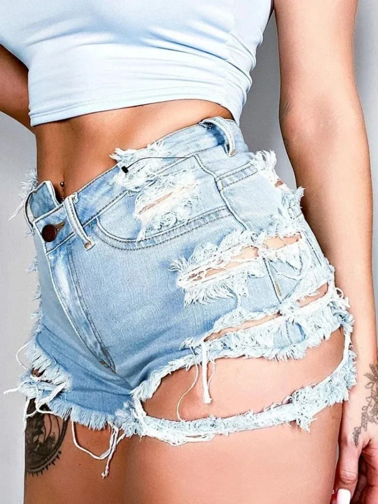 Women Shorts Denim Jeans Washing Sexy Slim Fit Distressed Spliced High Waist Holes Button Pockets Summer 2025 Solid Tassel PlatiNum