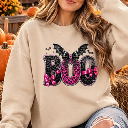 Boo Pink Leopard Print Bow Bat Wings Glitter Graphic Print Pullover Long Sleeve Casual Loose Streetwear Fashion Sweatshirts Tops