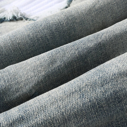 Men Pale Light Blue Biker Jeans Cracked Pleated Patch Patchwork Stretch Denim Pants Streetwear Holes Ripped Skinny Trousers PlatiNum