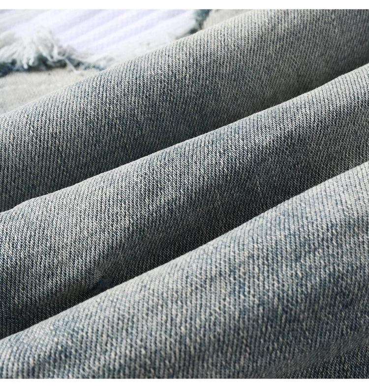 Men Pale Light Blue Biker Jeans Cracked Pleated Patch Patchwork Stretch Denim Pants Streetwear Holes Ripped Skinny Trousers PlatiNum