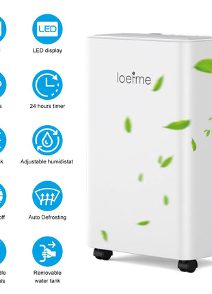 LOEFME Deumidificatore Elettrico Sbrinamento 24H Timer Smart Home Camera Da Letto Seminterrato Automatico 16L/24H 2L Serbatoio Acqua con Ruote Tubi