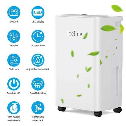 LOEFME Deumidificatore Elettrico Sbrinamento 24H Timer Smart Home Camera Da Letto Seminterrato Automatico 16L/24H 2L Serbatoio Acqua con Ruote Tubi
