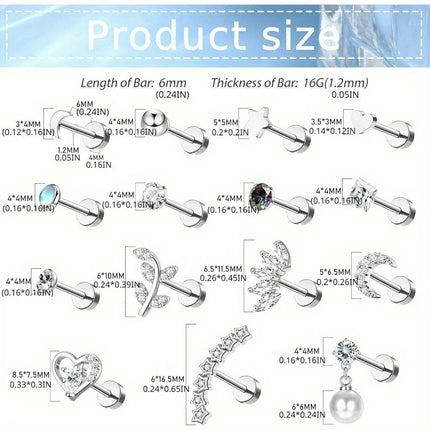 Florideco 1PC Stainless Steel Cartilage Stud Earrings for Women Opal Flat Back Earring Studs Lip Bar Nose Ear Piercing Jewellery PlatiNum