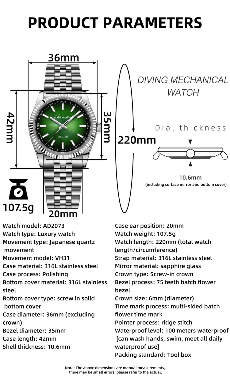 ADDIESDIVE Men Watch 36mm New Quartz Wristwatch AD2073 Sapphire Sunburst Dive 100m Waterproof BGW9 Luminous Dress Watch for Men